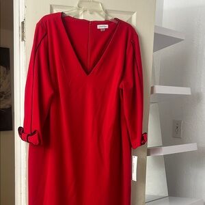 Calvin Klein V-Neck Red Long Sleeve Dress